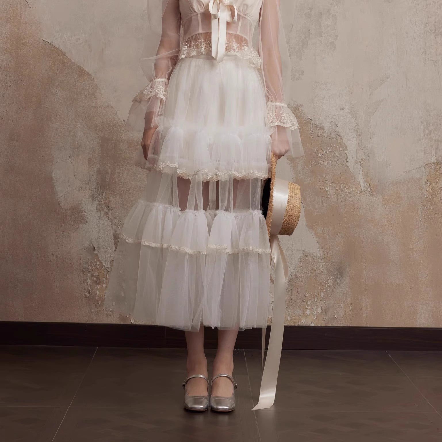 Fa Sogno Original White Yarn Long Skirt Moon Shadow Half Skirt Women's Lace pleated Skirt Cake Long Skirt