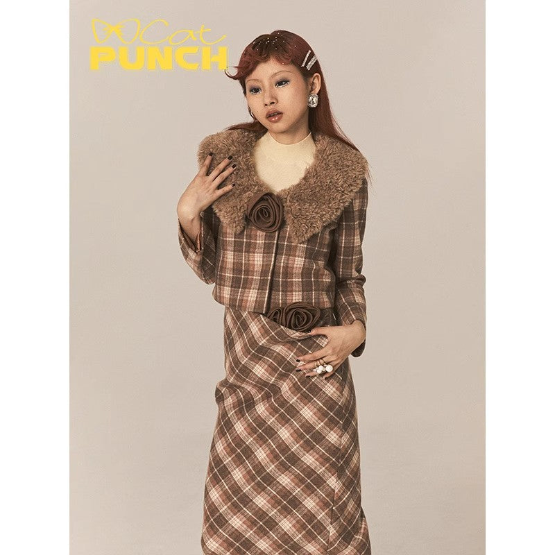 CatPunch Sweet Meow Warning Pink Brown Grid Detachable Rose Hair Collar Short Coat Vintage Exquisite Suit