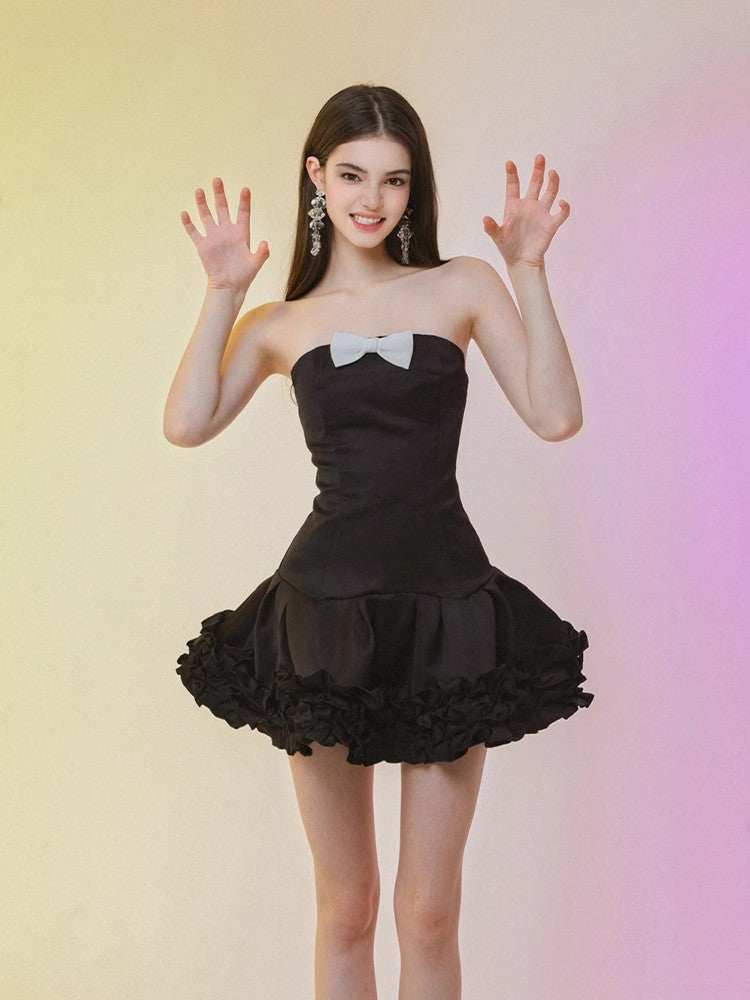 BloominGirls 2025 original black bow strapless dress, mini dress, fluffy dress, cake dress