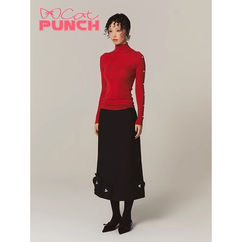 CatPunch Sweet Meow Warning Handmade Plum Blossom A-line Half length Skirt with a cinched waist for slimming, elegant and cute black long skirt
