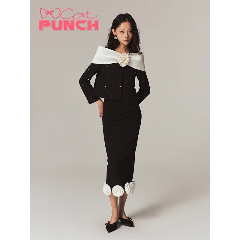 CatPunch Sweet Meow Warning One Collar Bow Handmade Rose Short Coat Color Contrasting Nail Diamond Suit