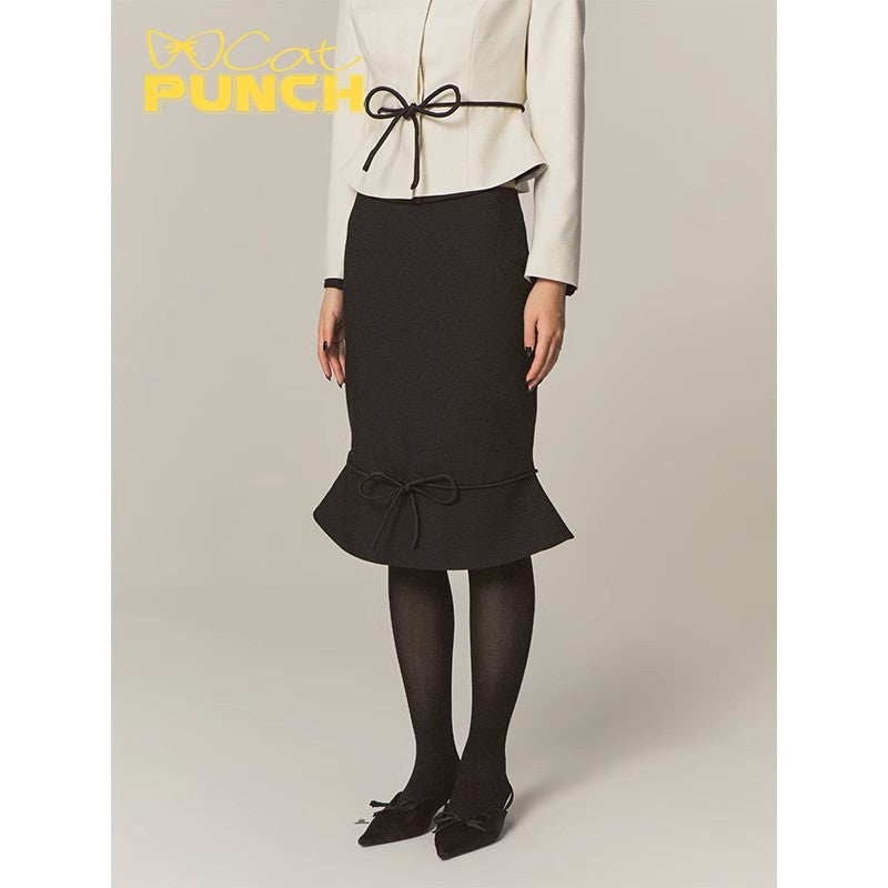 CatPunch Sweet Meow Warning Shaped Bow Tail Half Skirt Looks Thin, Elegant, Cute Black Tube Skirt for Women