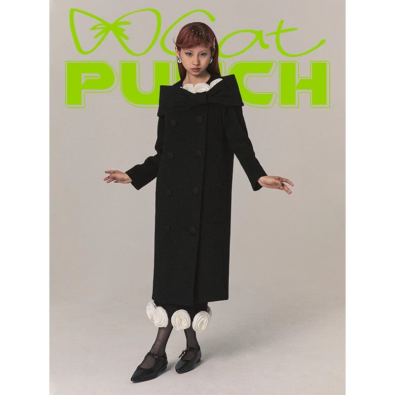 CatPunch Sweet Meow Warning One Collar Handmade Rose Stand cut Coat Cotton Wool Double breasted Long Coat