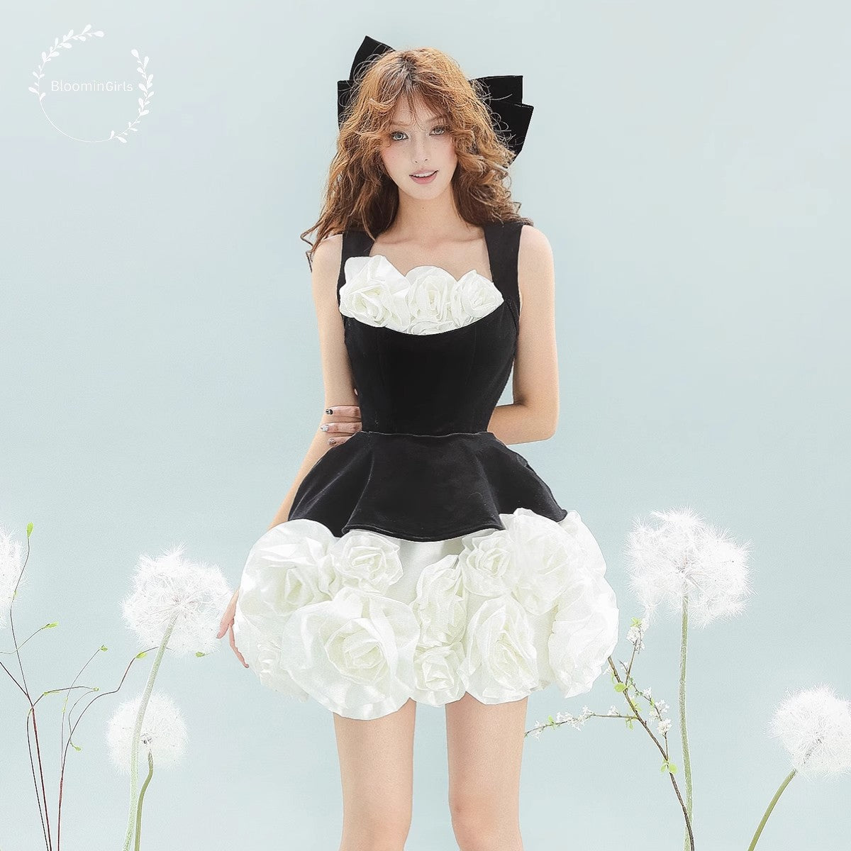 Bloomin "Quietly Blooming" French Splicing Three Dimensional Flower Waist Dress, Puff Dress, Birthday Dress
