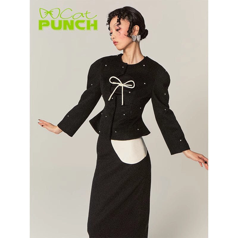 CatPunch Sweet Meow Warning Round Hollow Nail Bead Coat Slim fit Vase shaped Hidden Front Exquisite Top