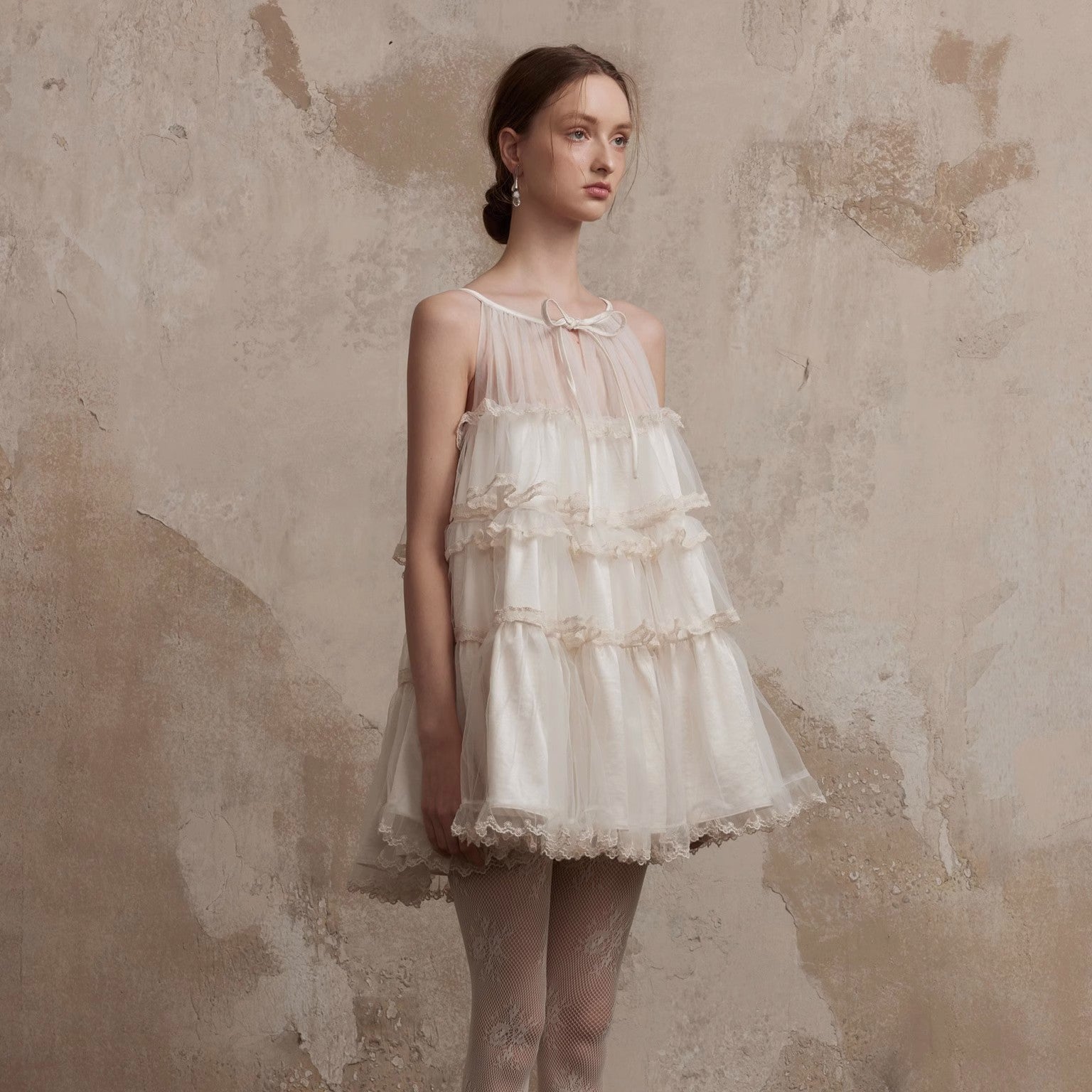 Fa Sogno Original Rice White Lace Dance Doll Dress Rich heiress Hanging Neck Dress Strap Skirt