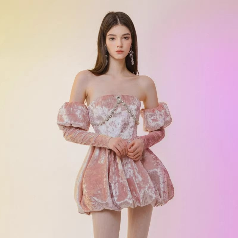 Bloomin original pink velvet strapless dress, mini dress, high-end dress, birthday gift party