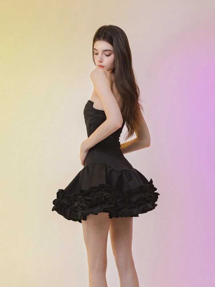 BloominGirls 2025 original black bow strapless dress, mini dress, fluffy dress, cake dress