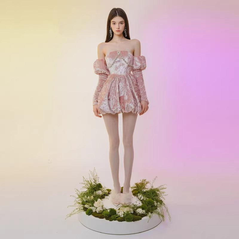 Bloomin original pink velvet strapless dress, mini dress, high-end dress, birthday gift party