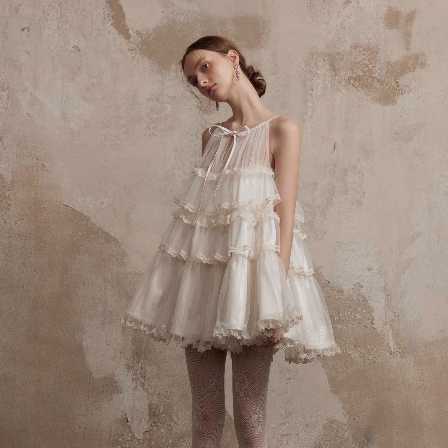 Fa Sogno Original Rice White Lace Dance Doll Dress Rich heiress Hanging Neck Dress Strap Skirt