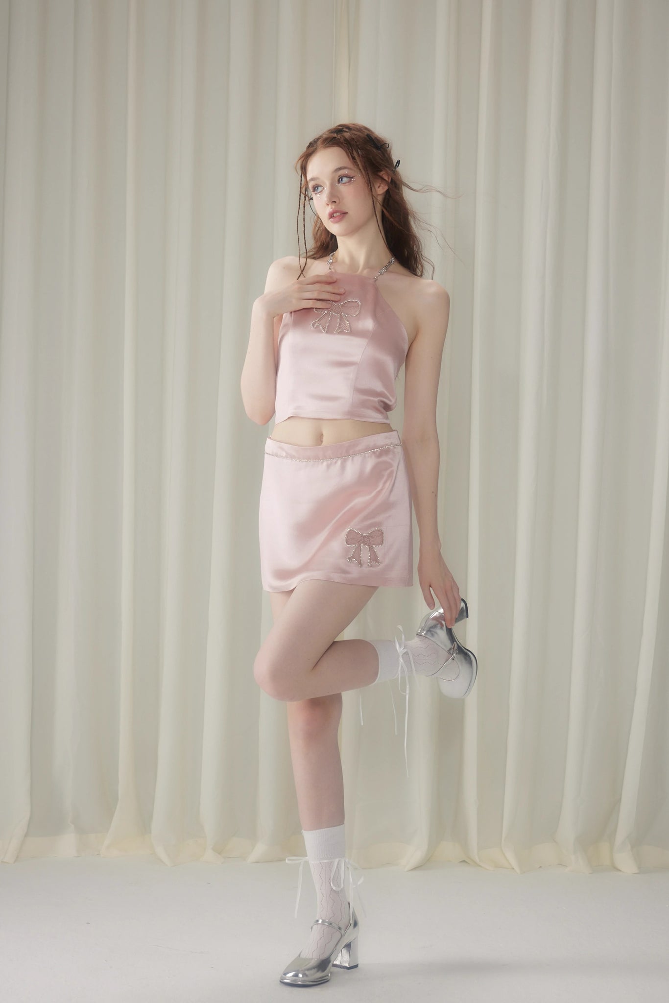 BeKITTY2025 new sweet and spicy butterfly bow hollow embroidery chain hanging neck vest+diamond chain short skirt