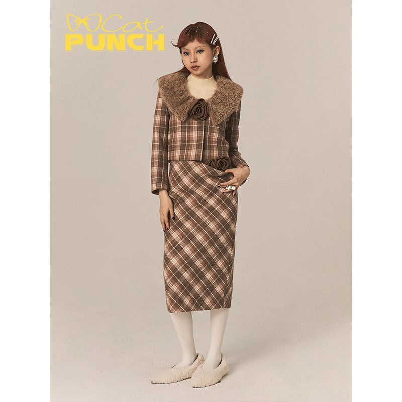 CatPunch Sweet Meow Warning Pink Brown Grid Detachable Rose Hair Collar Short Coat Vintage Exquisite Suit