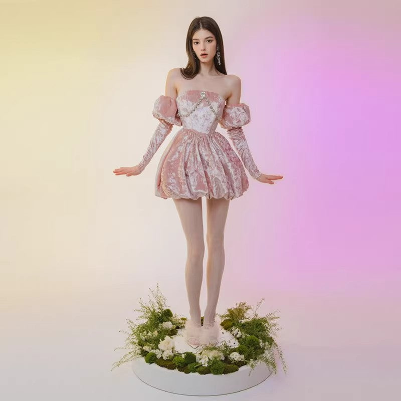 Bloomin original pink velvet strapless dress, mini dress, high-end dress, birthday gift party