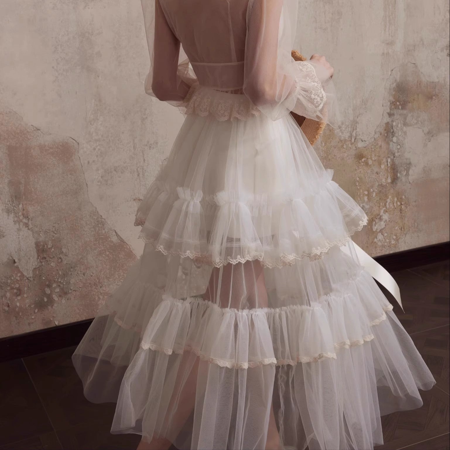 Fa Sogno Original White Yarn Long Skirt Moon Shadow Half Skirt Women's Lace pleated Skirt Cake Long Skirt