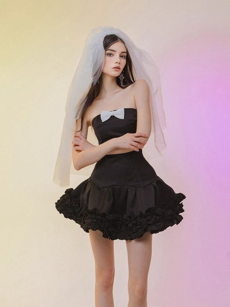 BloominGirls 2025 original black bow strapless dress, mini dress, fluffy dress, cake dress