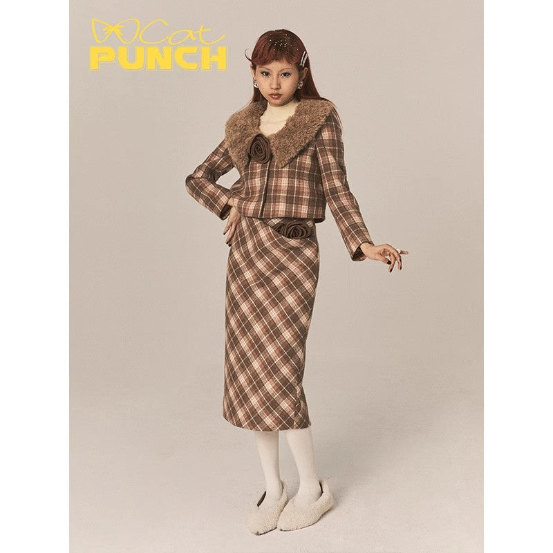 CatPunch Sweet Meow Warning Pink Brown Grid Detachable Rose Hair Collar Short Coat Vintage Exquisite Suit