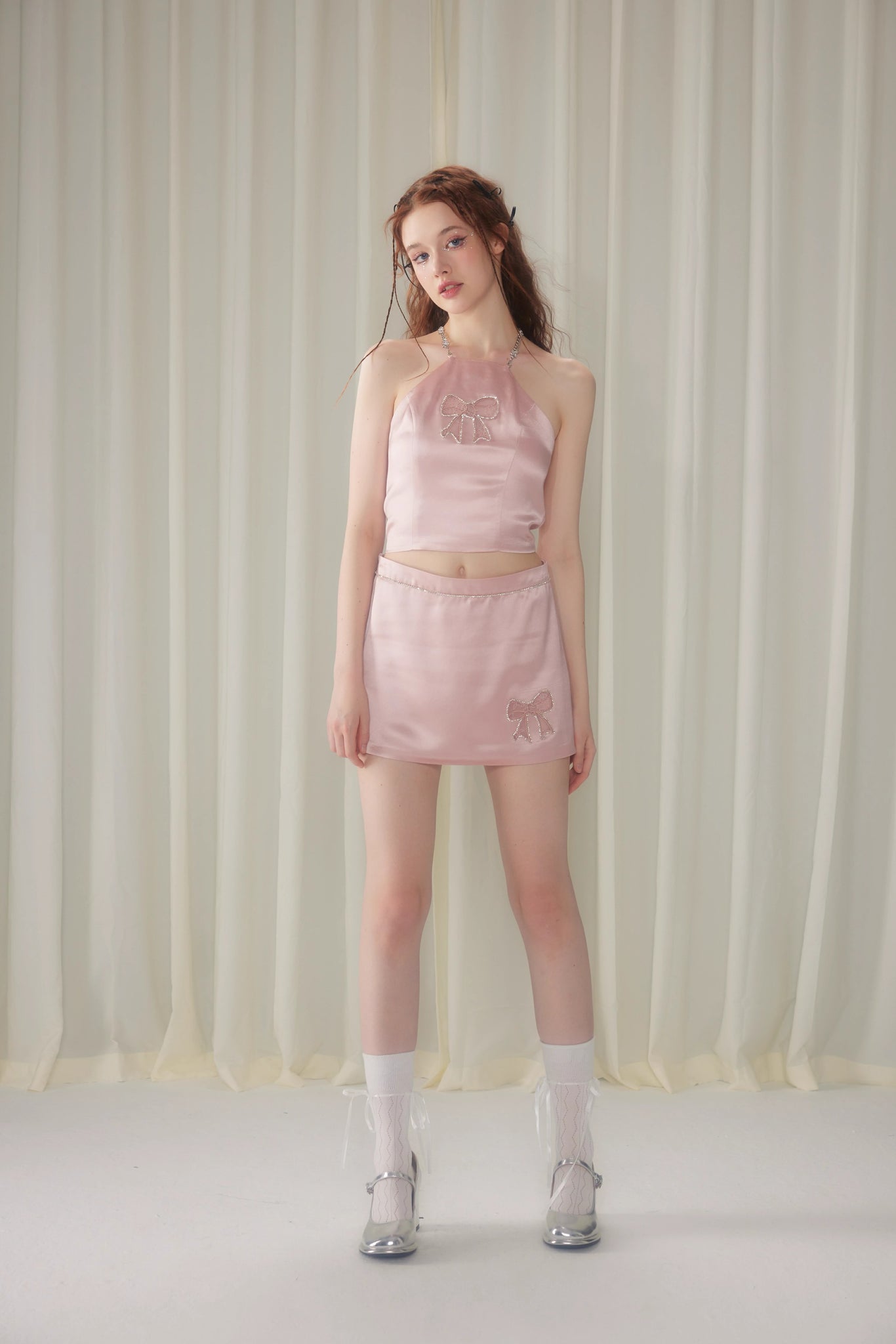 BeKITTY2025 new sweet and spicy butterfly bow hollow embroidery chain hanging neck vest+diamond chain short skirt