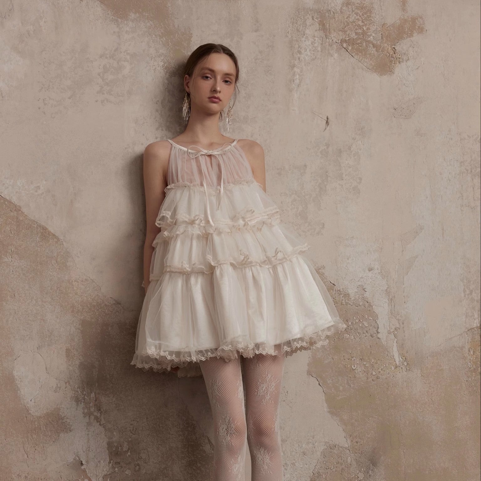 Fa Sogno Original Rice White Lace Dance Doll Dress Rich heiress Hanging Neck Dress Strap Skirt