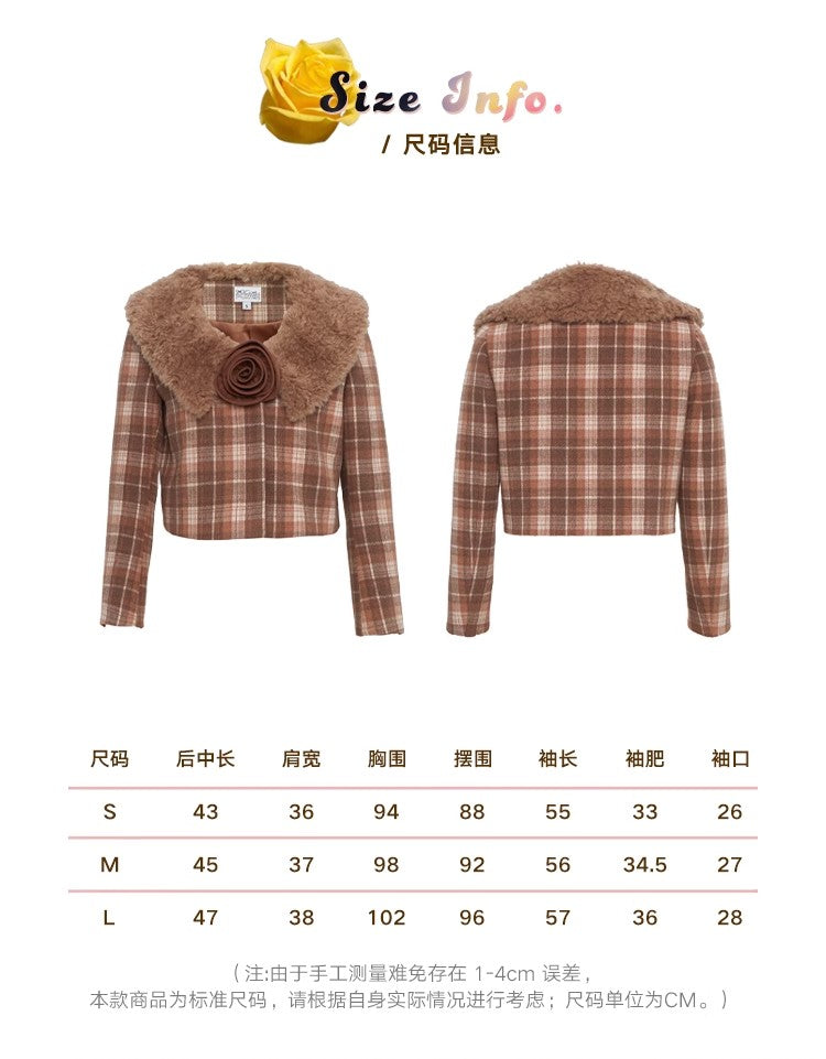 CatPunch Sweet Meow Warning Pink Brown Grid Detachable Rose Hair Collar Short Coat Vintage Exquisite Suit