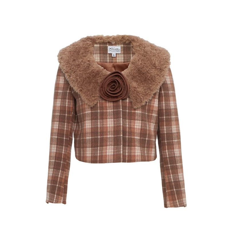 CatPunch Sweet Meow Warning Pink Brown Grid Detachable Rose Hair Collar Short Coat Vintage Exquisite Suit