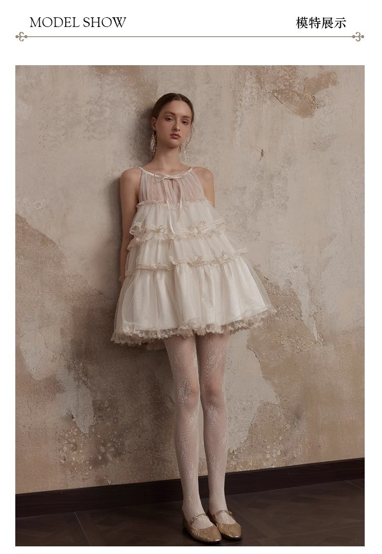 Fa Sogno Original Rice White Lace Dance Doll Dress Rich heiress Hanging Neck Dress Strap Skirt