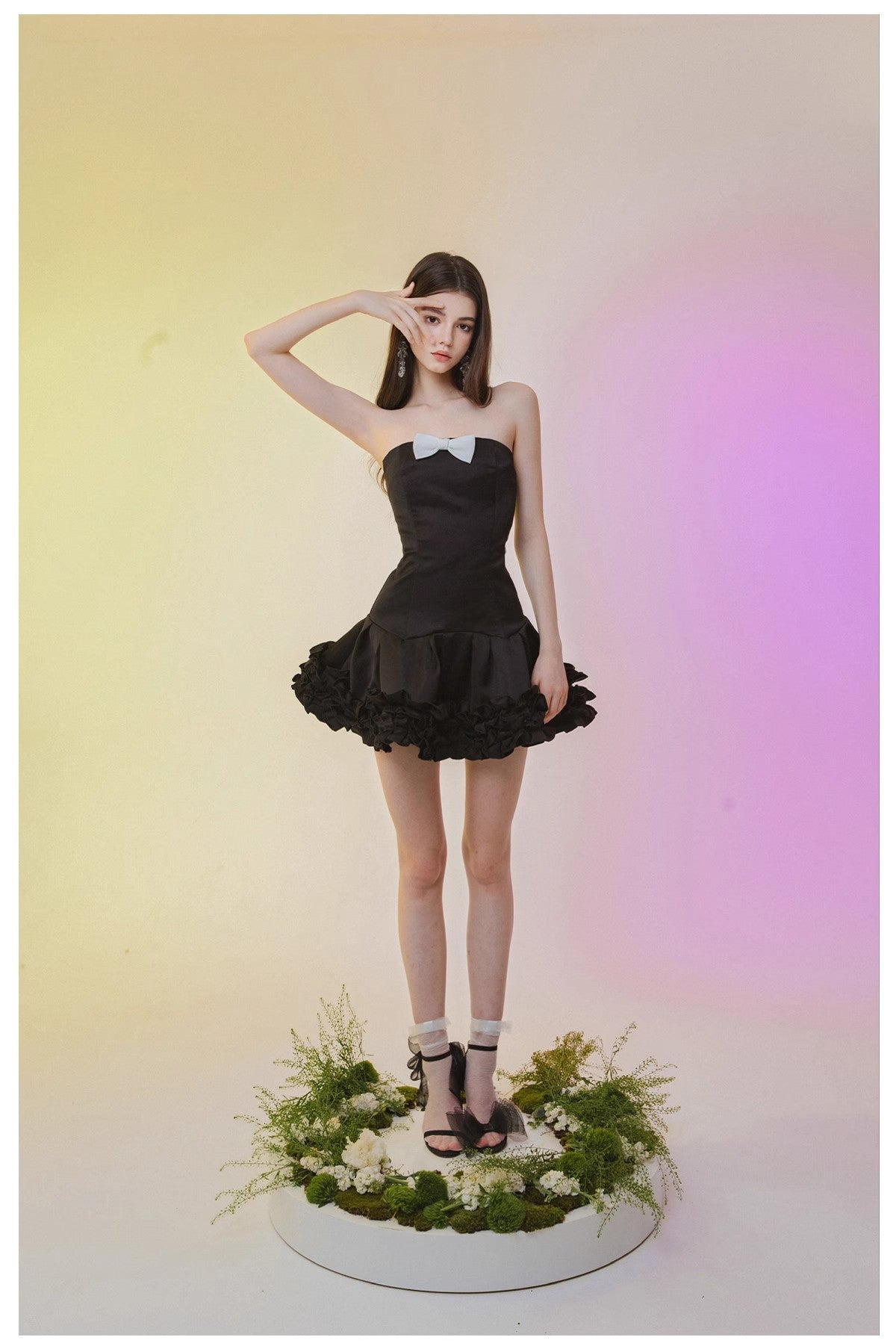 BloominGirls 2025 original black bow strapless dress, mini dress, fluffy dress, cake dress