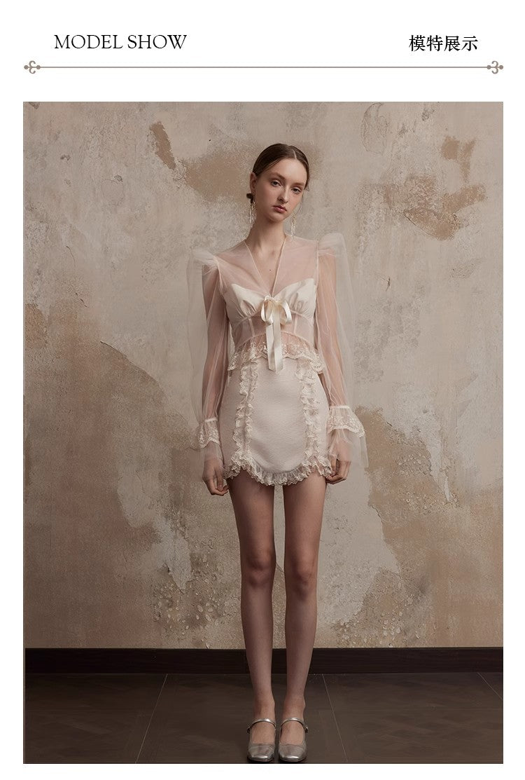 Fa Sogno original chiffon light dream long sleeved shirt short sleeved V-neck mesh lace bow sweet style
