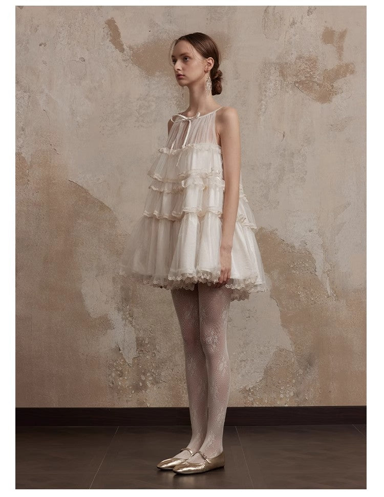 Fa Sogno Original Rice White Lace Dance Doll Dress Rich heiress Hanging Neck Dress Strap Skirt