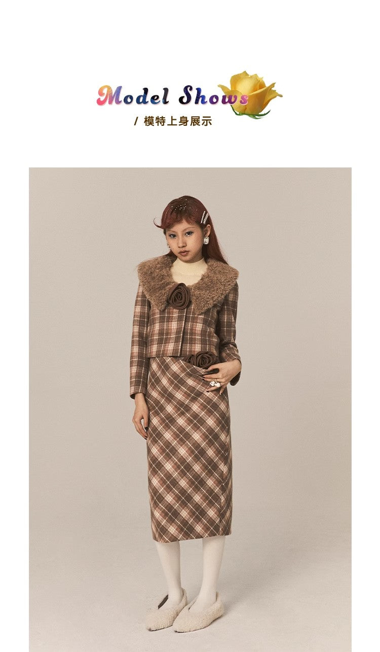 CatPunch Sweet Meow Warning Pink Brown Grid Detachable Rose Hair Collar Short Coat Vintage Exquisite Suit