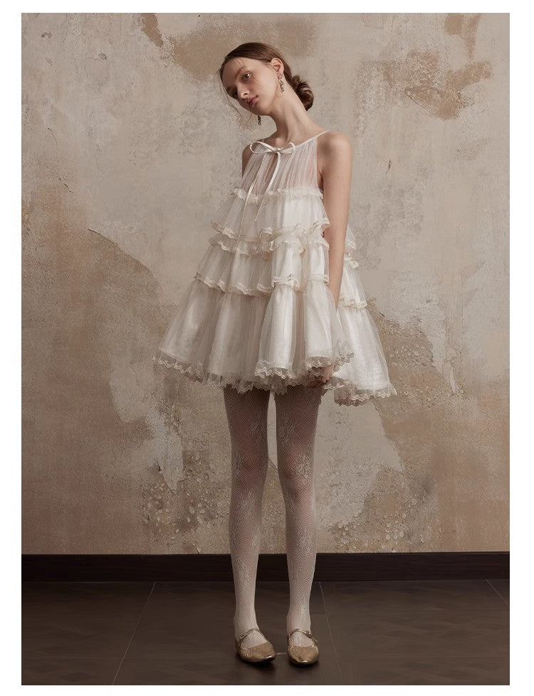 Fa Sogno Original Rice White Lace Dance Doll Dress Rich heiress Hanging Neck Dress Strap Skirt