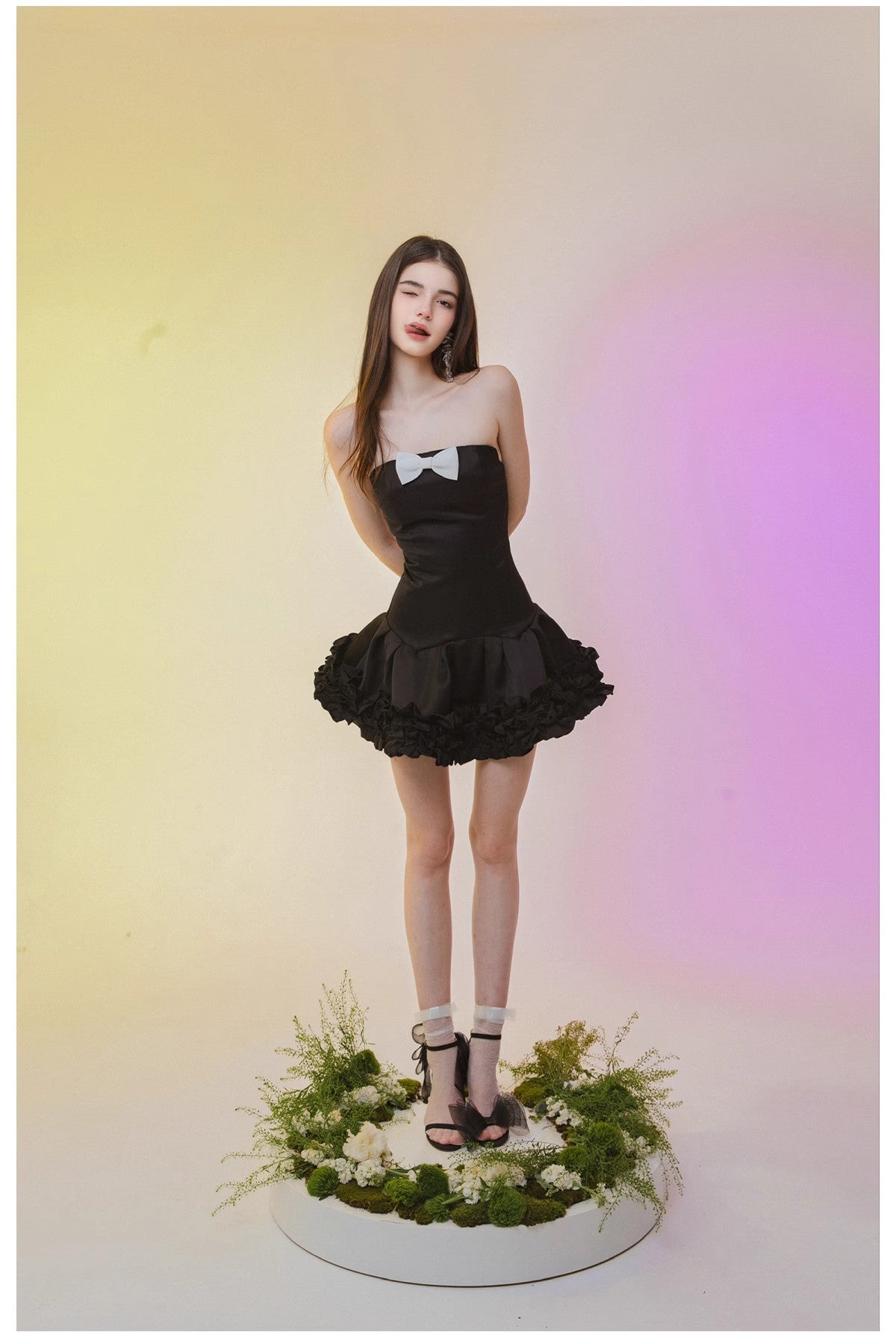 BloominGirls 2025 original black bow strapless dress, mini dress, fluffy dress, cake dress