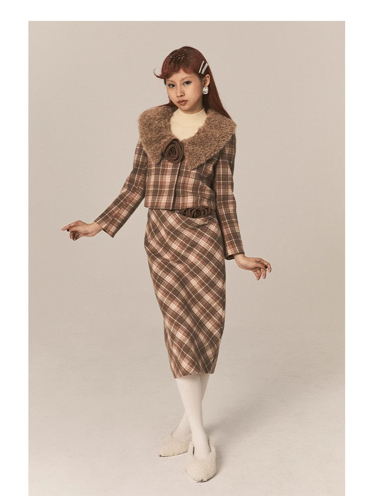 CatPunch Sweet Meow Warning Pink Brown Grid Detachable Rose Hair Collar Short Coat Vintage Exquisite Suit