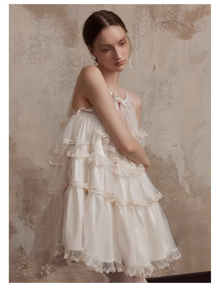 Fa Sogno Original Rice White Lace Dance Doll Dress Rich heiress Hanging Neck Dress Strap Skirt