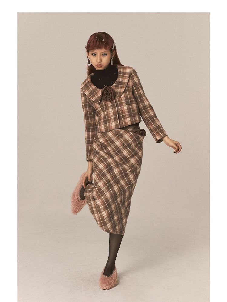 CatPunch Sweet Meow Warning Pink Brown Grid Detachable Rose Hair Collar Short Coat Vintage Exquisite Suit