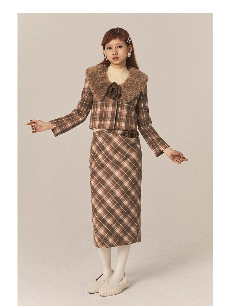 CatPunch Sweet Meow Warning Pink Brown Grid Detachable Rose Hair Collar Short Coat Vintage Exquisite Suit