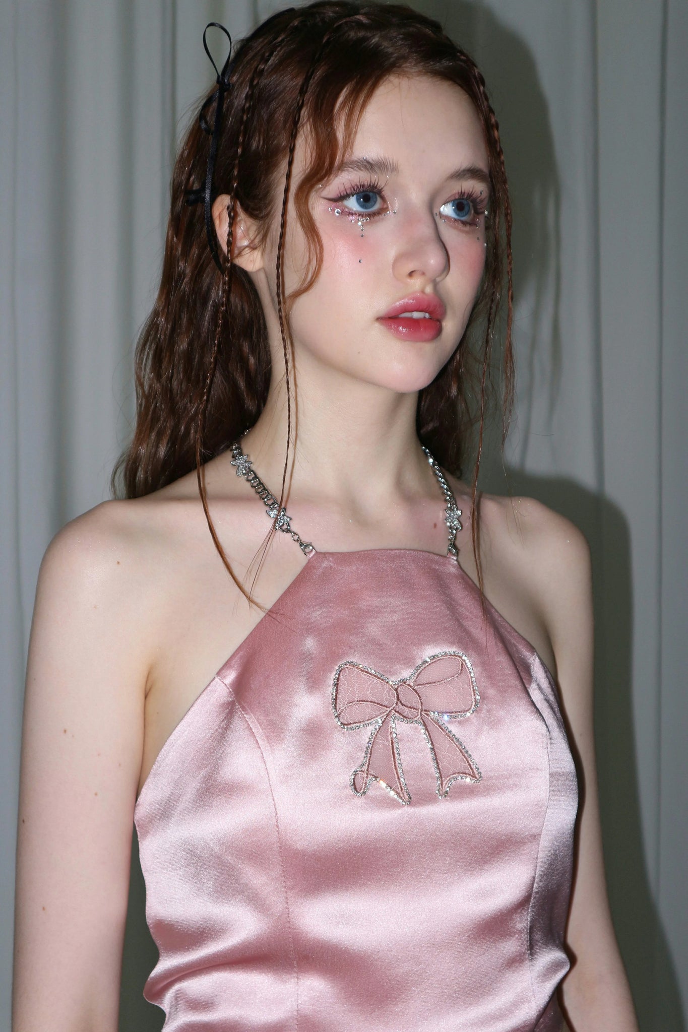 BeKITTY2025 new sweet and spicy butterfly bow hollow embroidery chain hanging neck vest+diamond chain short skirt