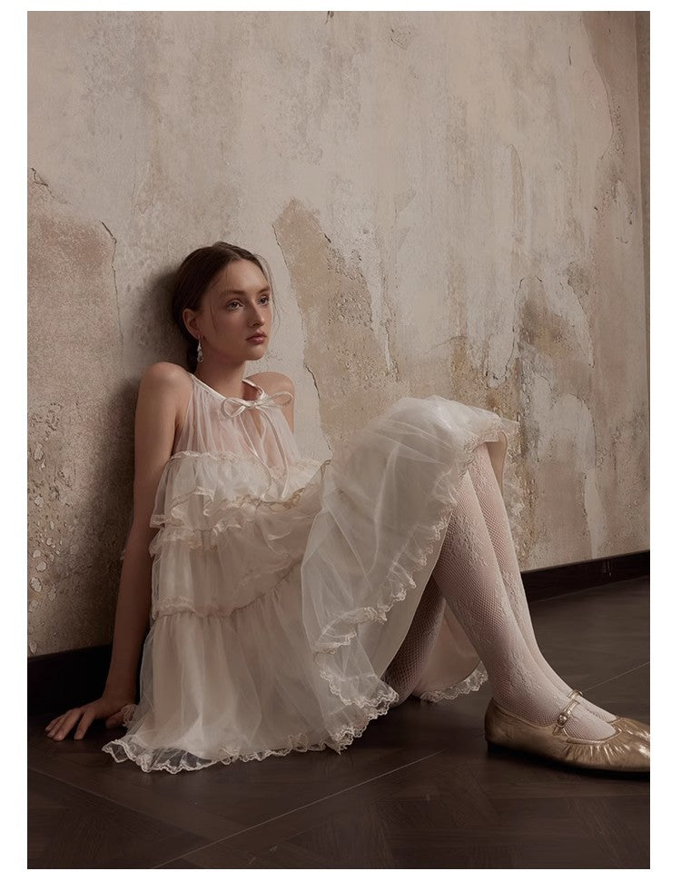 Fa Sogno Original Rice White Lace Dance Doll Dress Rich heiress Hanging Neck Dress Strap Skirt