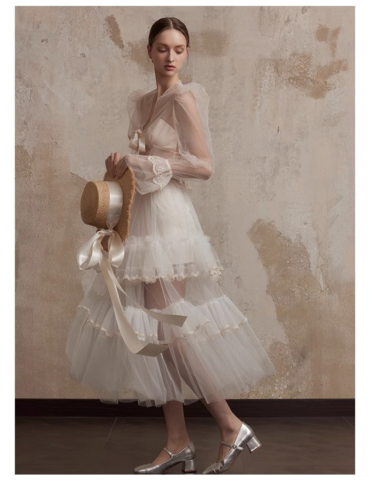 Fa Sogno Original White Yarn Long Skirt Moon Shadow Half Skirt Women's Lace pleated Skirt Cake Long Skirt