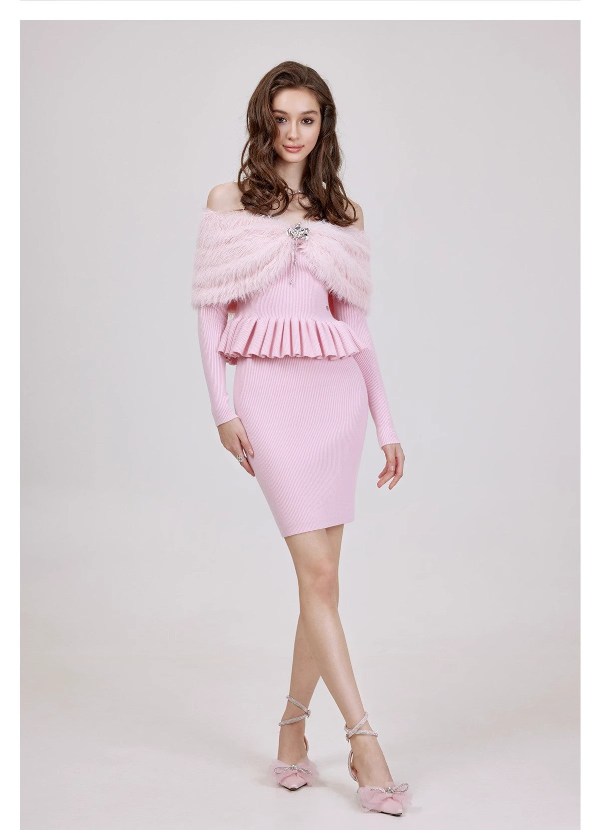 Sheer Luck Alba Imitation Mink One Word Ruffle Knitted Top, Hip Wrapping Half Skirt, Two Piece Set, Women's Winter