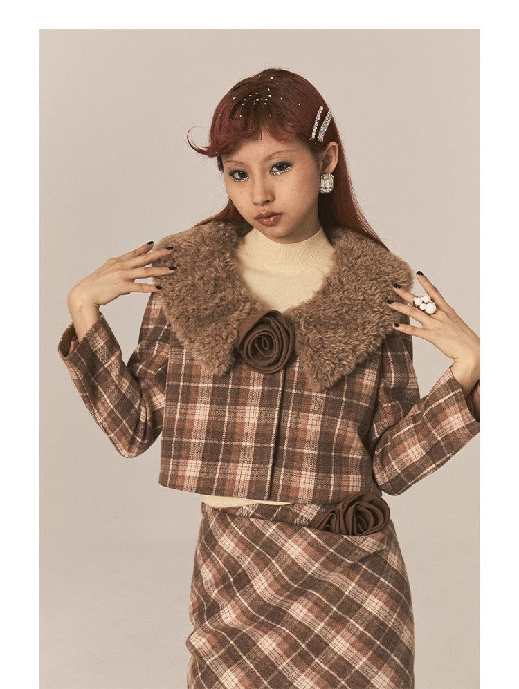 CatPunch Sweet Meow Warning Pink Brown Grid Detachable Rose Hair Collar Short Coat Vintage Exquisite Suit