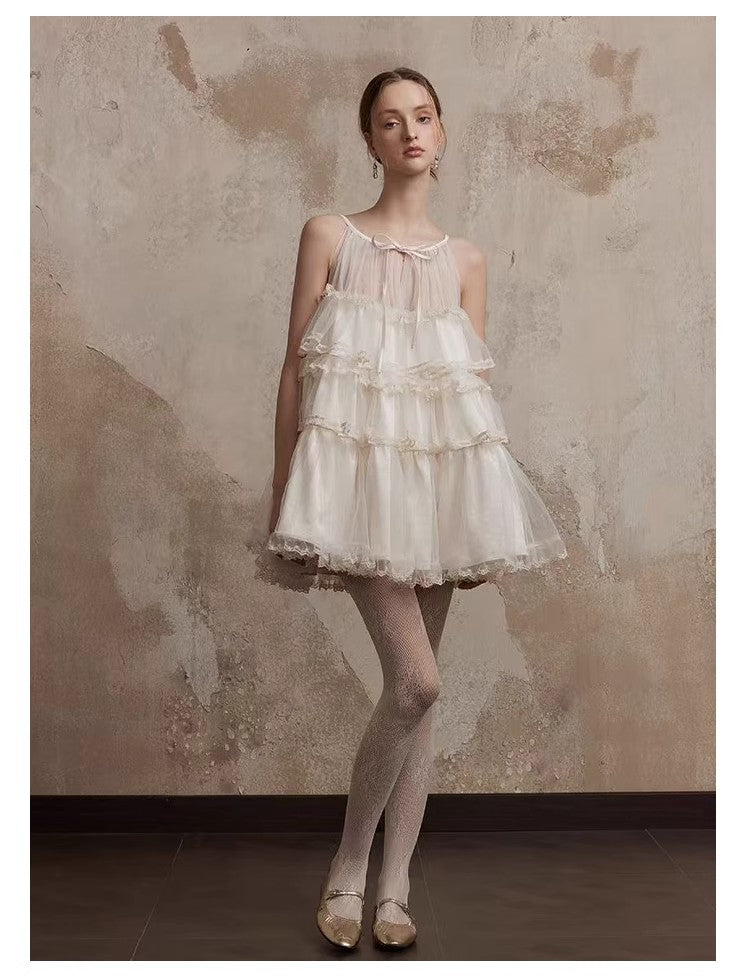 Fa Sogno Original Rice White Lace Dance Doll Dress Rich heiress Hanging Neck Dress Strap Skirt