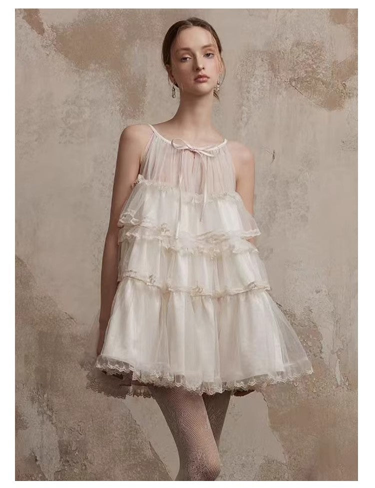 Fa Sogno Original Rice White Lace Dance Doll Dress Rich heiress Hanging Neck Dress Strap Skirt