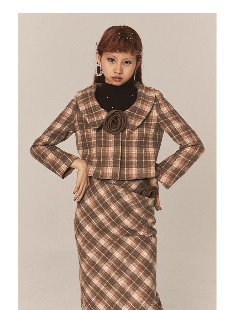CatPunch Sweet Meow Warning Pink Brown Grid Detachable Rose Hair Collar Short Coat Vintage Exquisite Suit