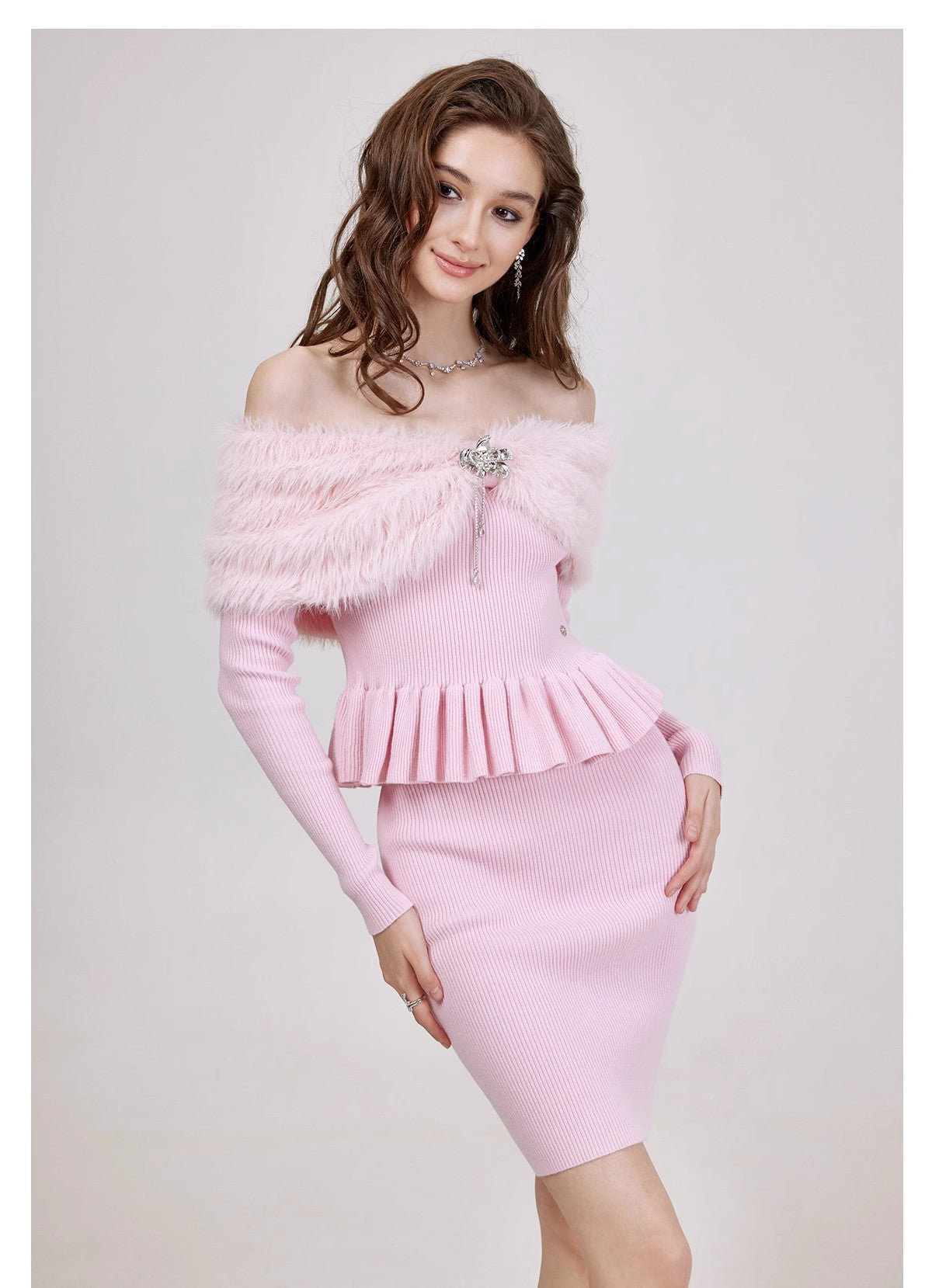 Sheer Luck Alba Imitation Mink One Word Ruffle Knitted Top, Hip Wrapping Half Skirt, Two Piece Set, Women's Winter