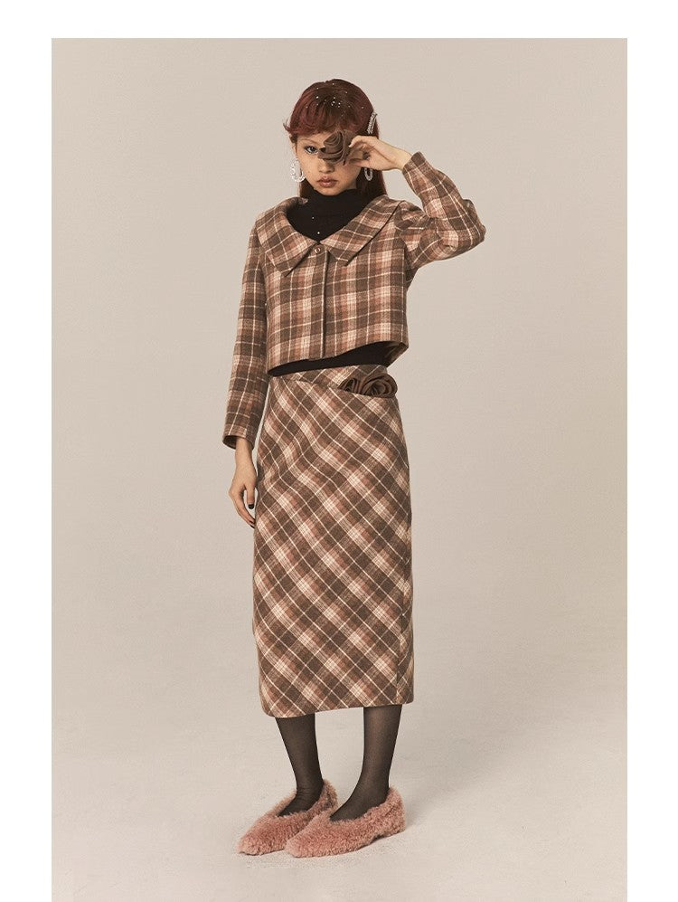 CatPunch Sweet Meow Warning Pink Brown Grid Detachable Rose Hair Collar Short Coat Vintage Exquisite Suit