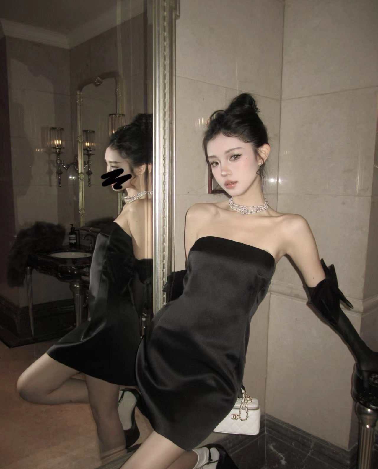 Black Strapless Cinched Waist Dress with Gloves