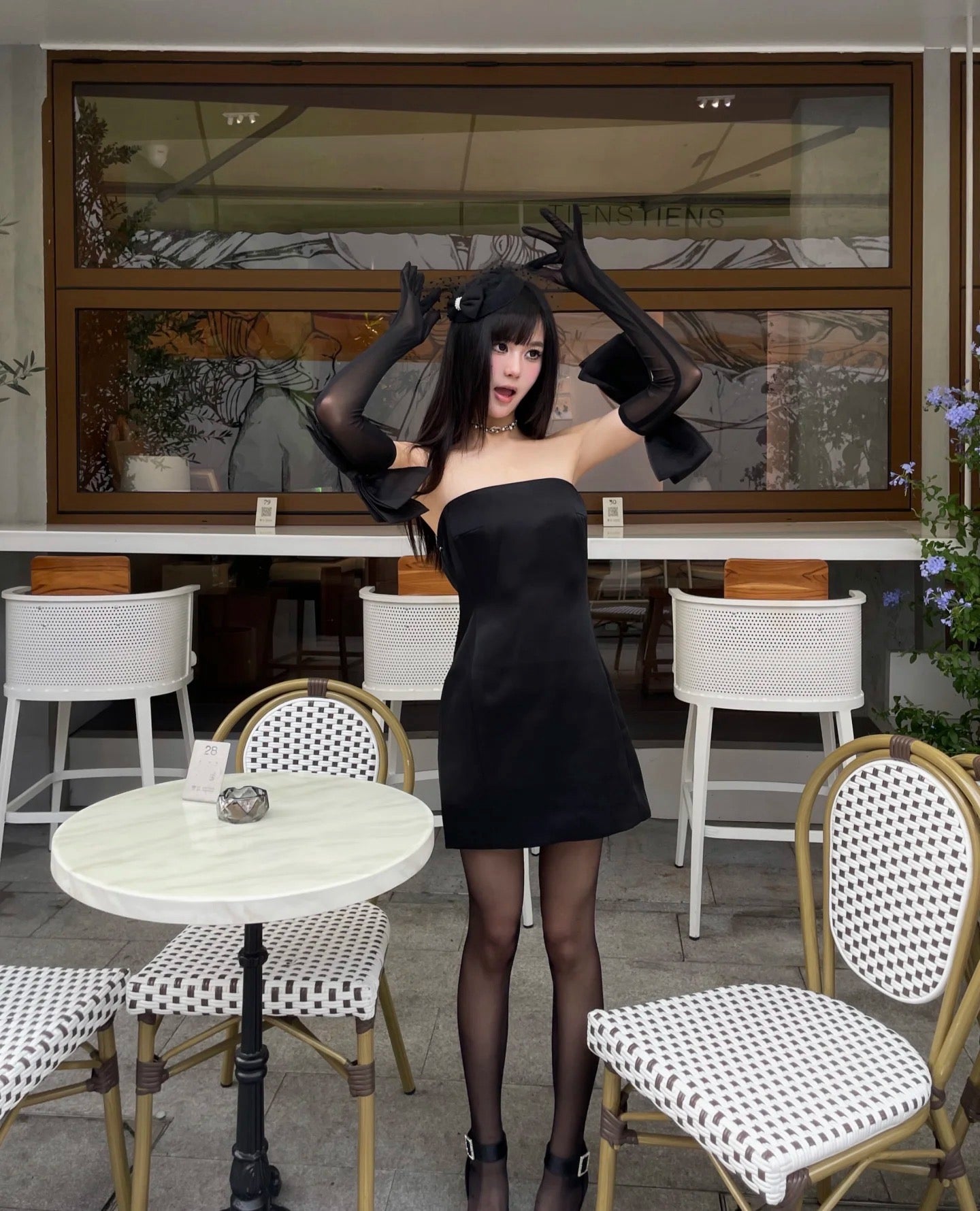 Black Strapless Cinched Waist Dress with Gloves