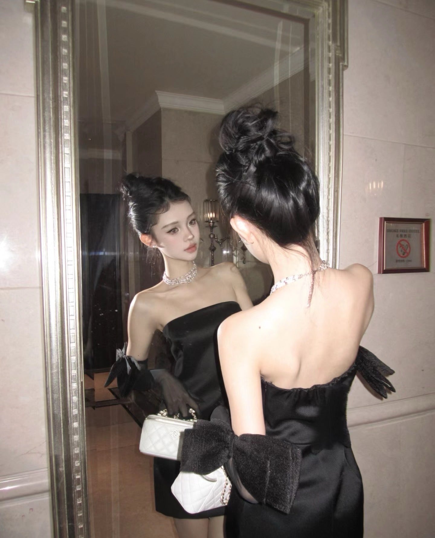 Black Strapless Cinched Waist Dress with Gloves