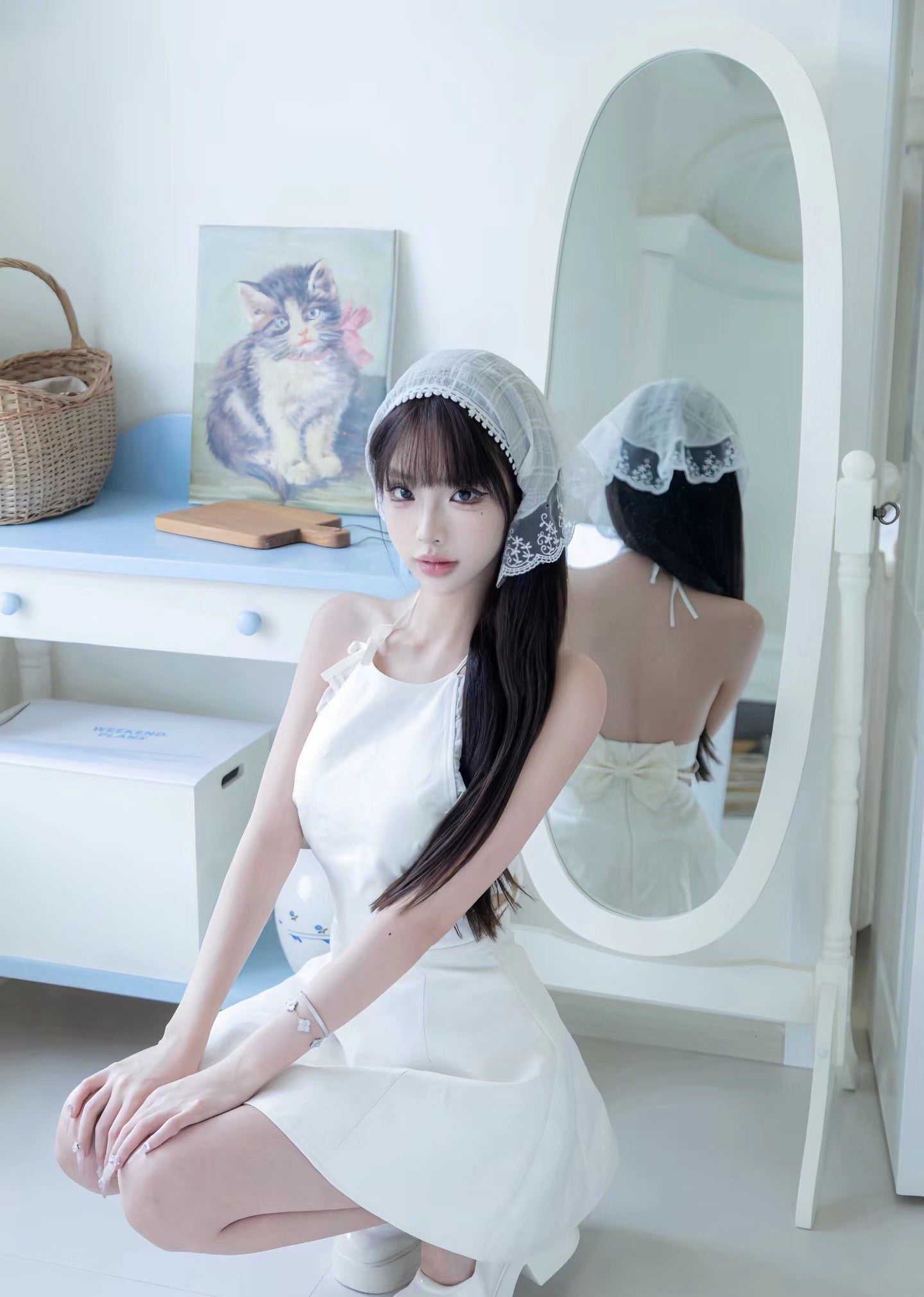 White Jacquard Halter Neck Cinched Waist Dress