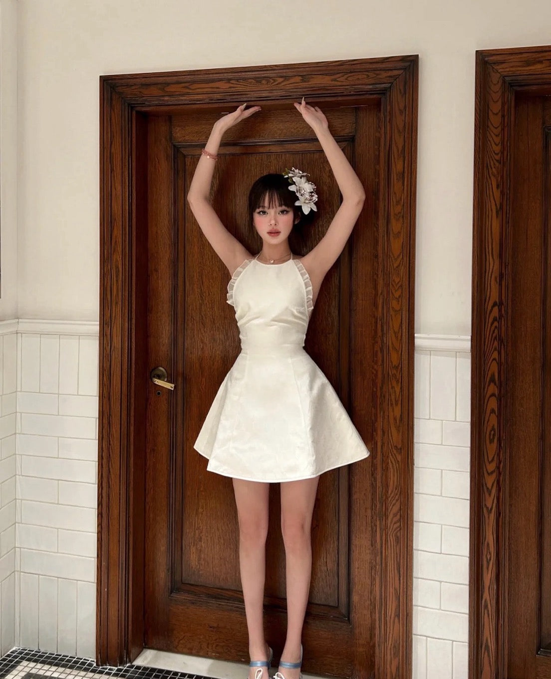 White Jacquard Halter Neck Cinched Waist Dress